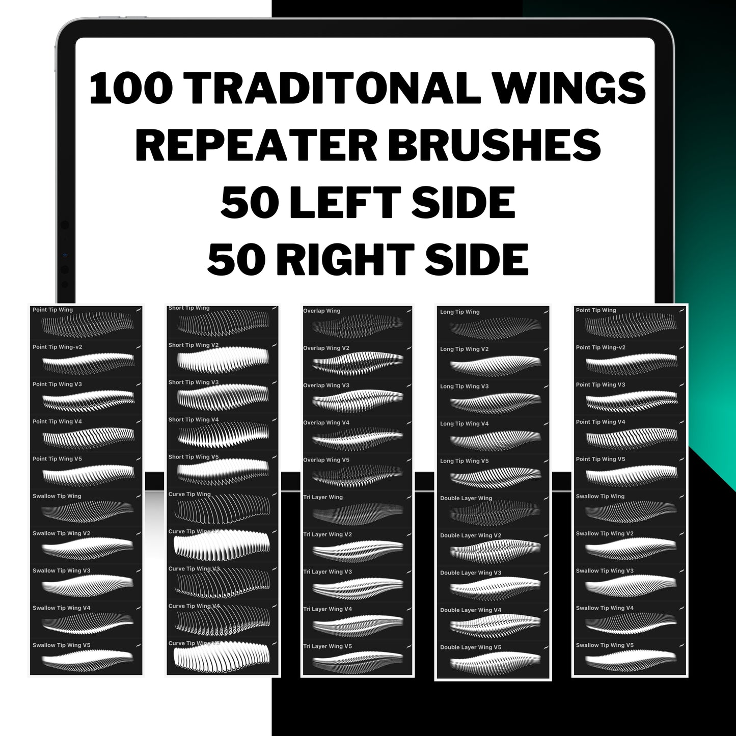 100 Traditional Drawing Wing Brushes for Procreate – Seamless Repeaters