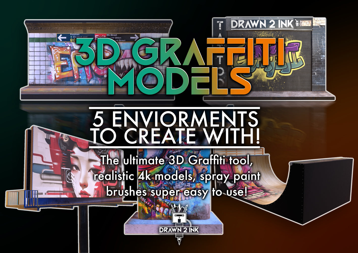 3D Graffiti Procreate Set – 5 Realistic Models & 50 Spray Paint Brushes