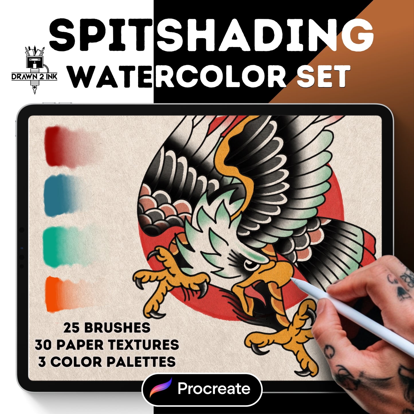 The Ultimate Spitshading Set – Procreate Brushes, Paper Textures, and Color Palettes for Traditional Tattoo Flash, watercolor and shading