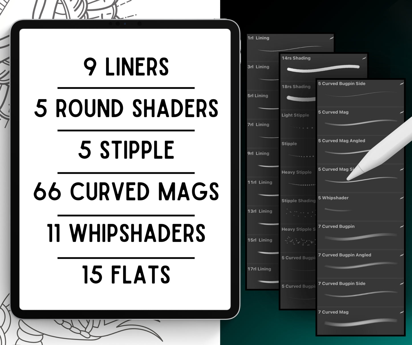111 Procreate Tattoo liners and shaders – Liners, Bug Pins, Curved Mags, Stipples, Flats & More for Tattoo Artists | Digital Tattoo Brushes