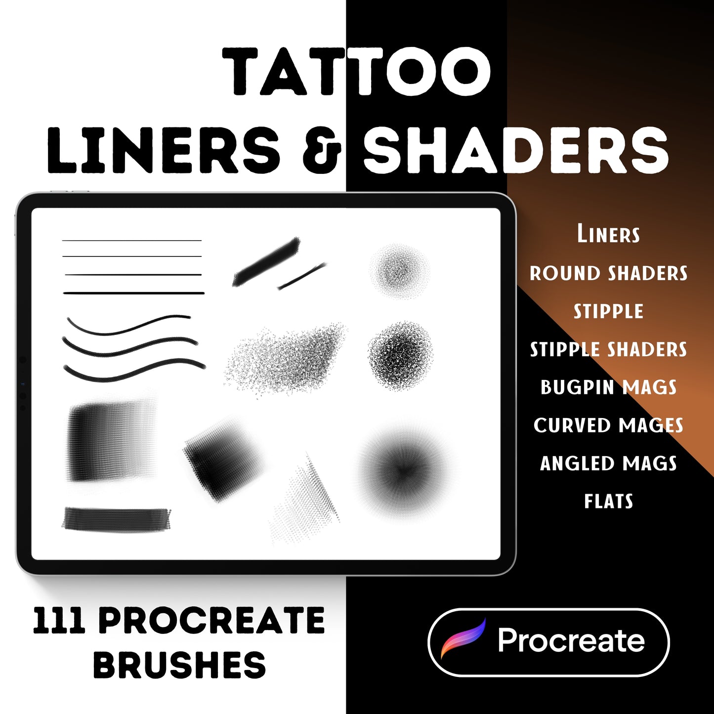 111 Procreate Tattoo liners and shaders – Liners, Bug Pins, Curved Mags, Stipples, Flats & More for Tattoo Artists | Digital Tattoo Brushes