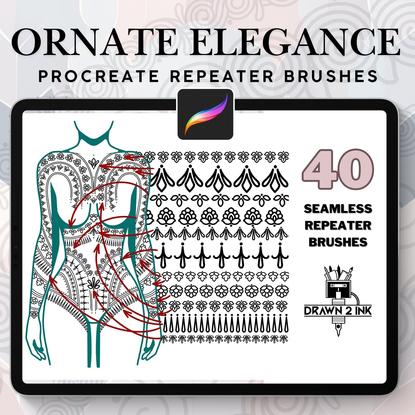 Ornate Elegance Procreate Brush Set – 40 Seamless Tattoo Patterns