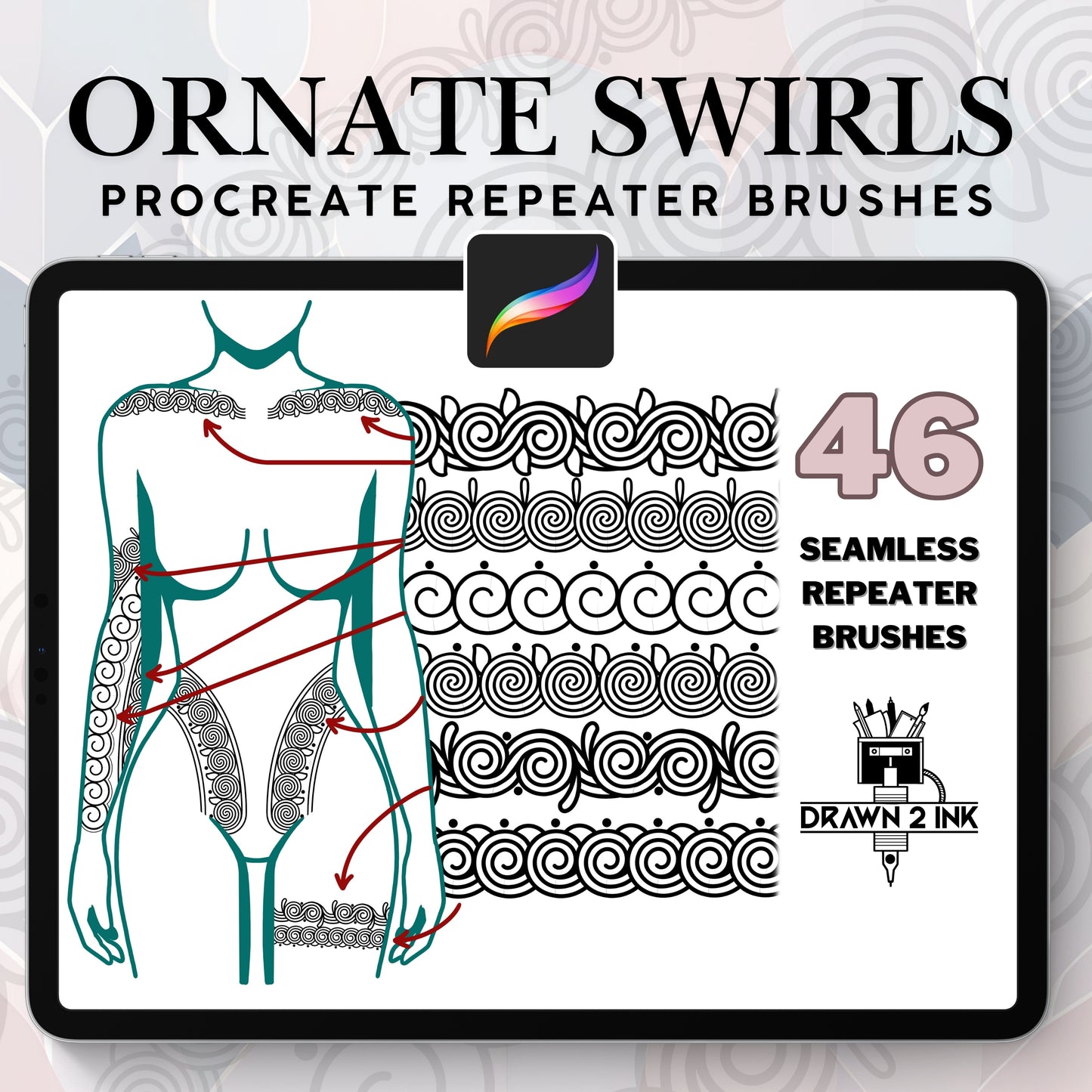 46 Ornate Swirl Procreate Repeater Brushes – Seamless Tattoo Patterns