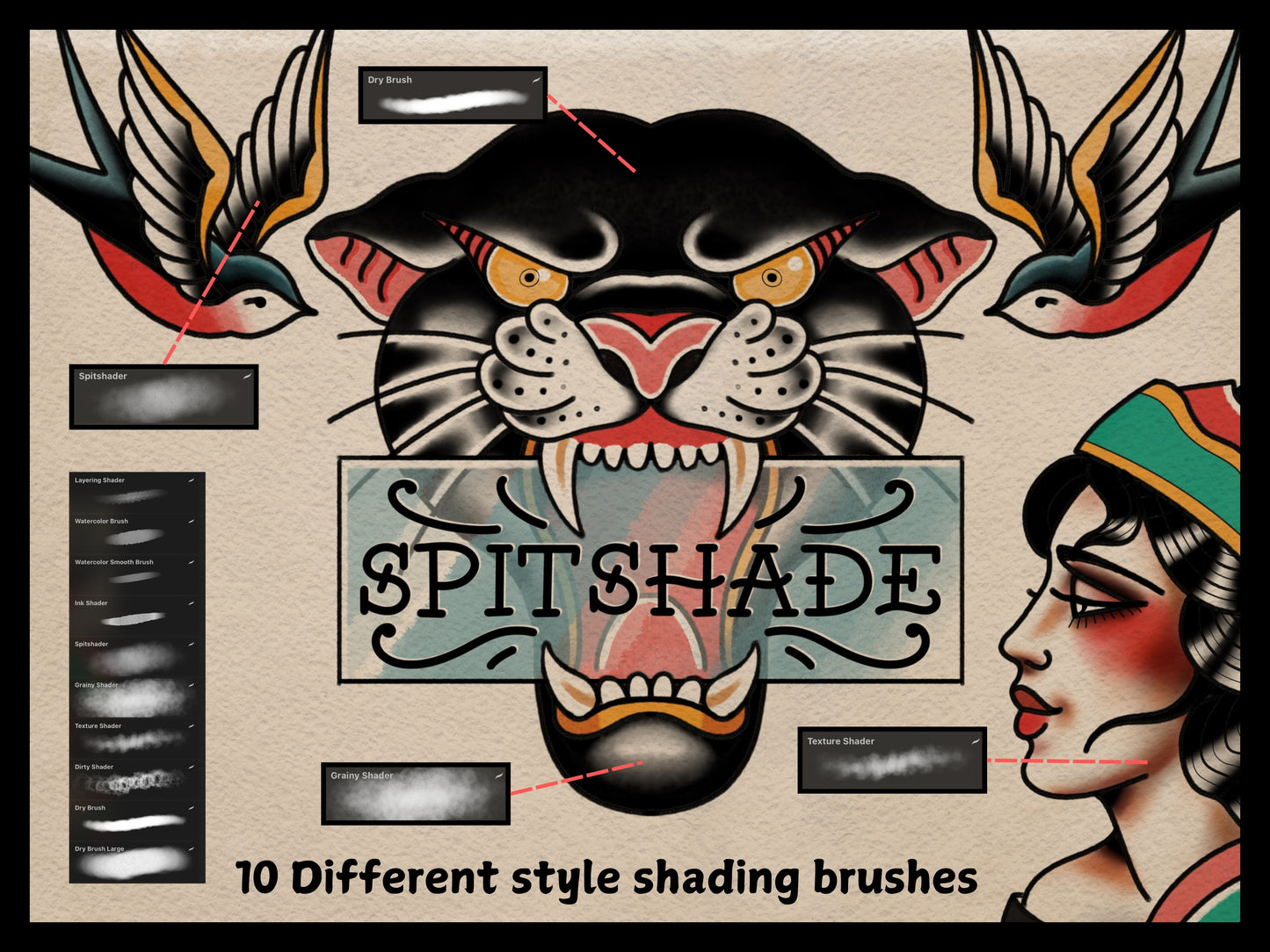 The Ultimate Spitshading Set – Procreate Brushes, Paper Textures, and Color Palettes for Traditional Tattoo Flash, watercolor and shading