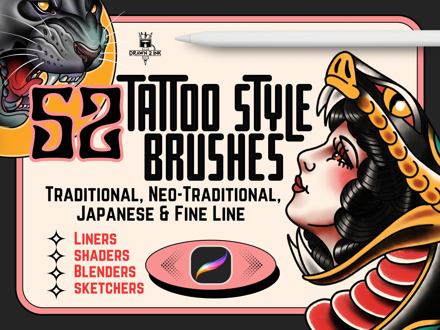 Tattoo Style Procreate Brushes: Liners, Shaders, Blenders (52 Brushes)