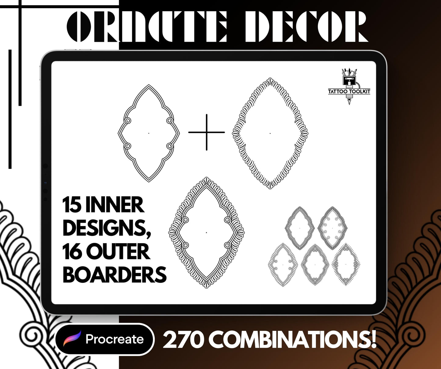 Ornate Decor Procreate Brush Set – 15 Tattoo Frames & 16 Borders for 270 Seamless Combinations