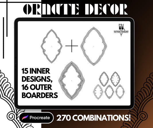 Ornate Decor Procreate Brush Set – 15 Tattoo Frames & 16 Borders for 270 Seamless Combinations