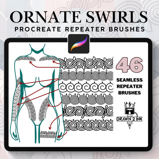 46 Ornate Swirl Procreate Repeater Brushes – Seamless Tattoo Patterns