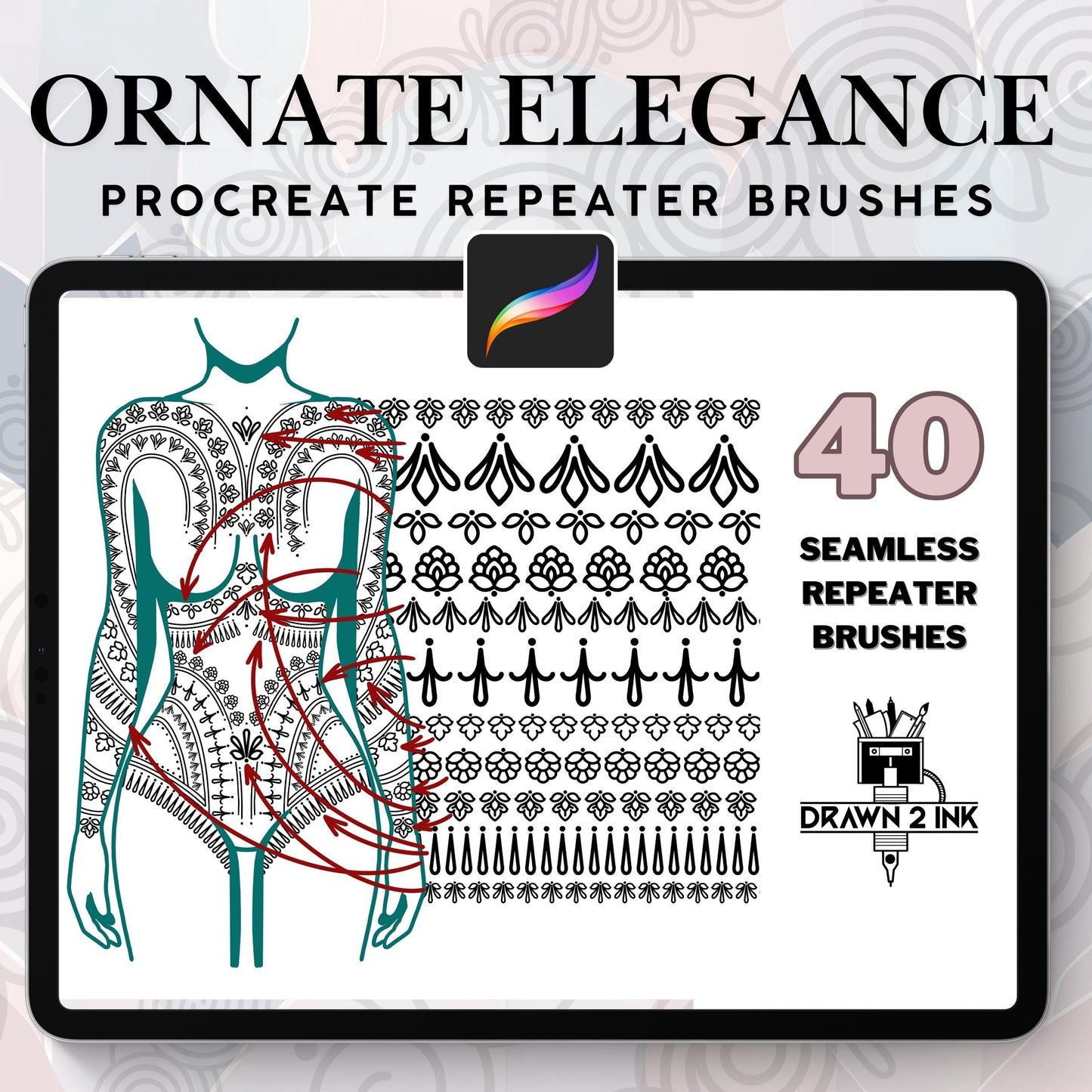 Ornate Elegance Procreate Brush Set – 40 Seamless Tattoo Patterns