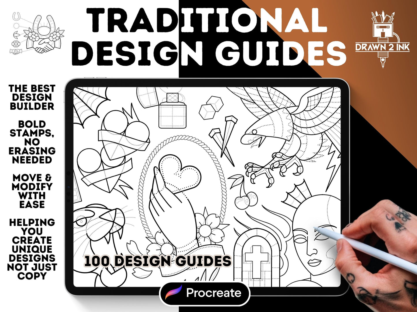 Traditional Tattoo Design Guides: Procreate Brush Set (100 Layouts)