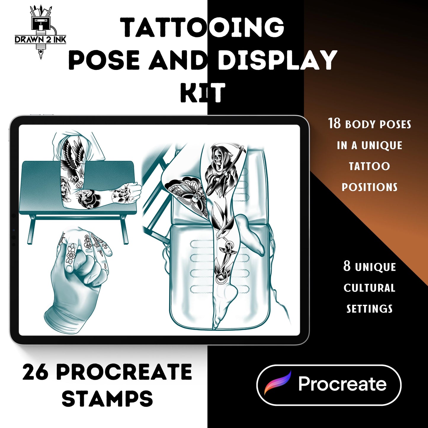 Tattoo Pose & Display Kit: 26 Procreate Stamps