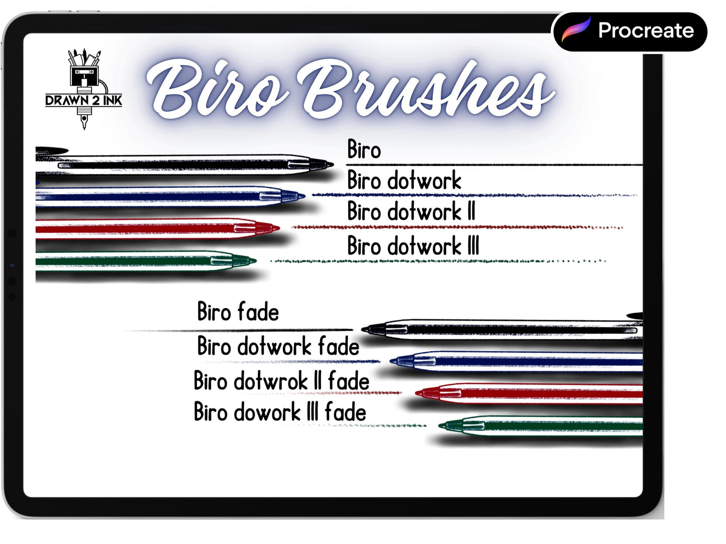 Realistic Biro Procreate Brush Set: Ink Palette, Paper Textures