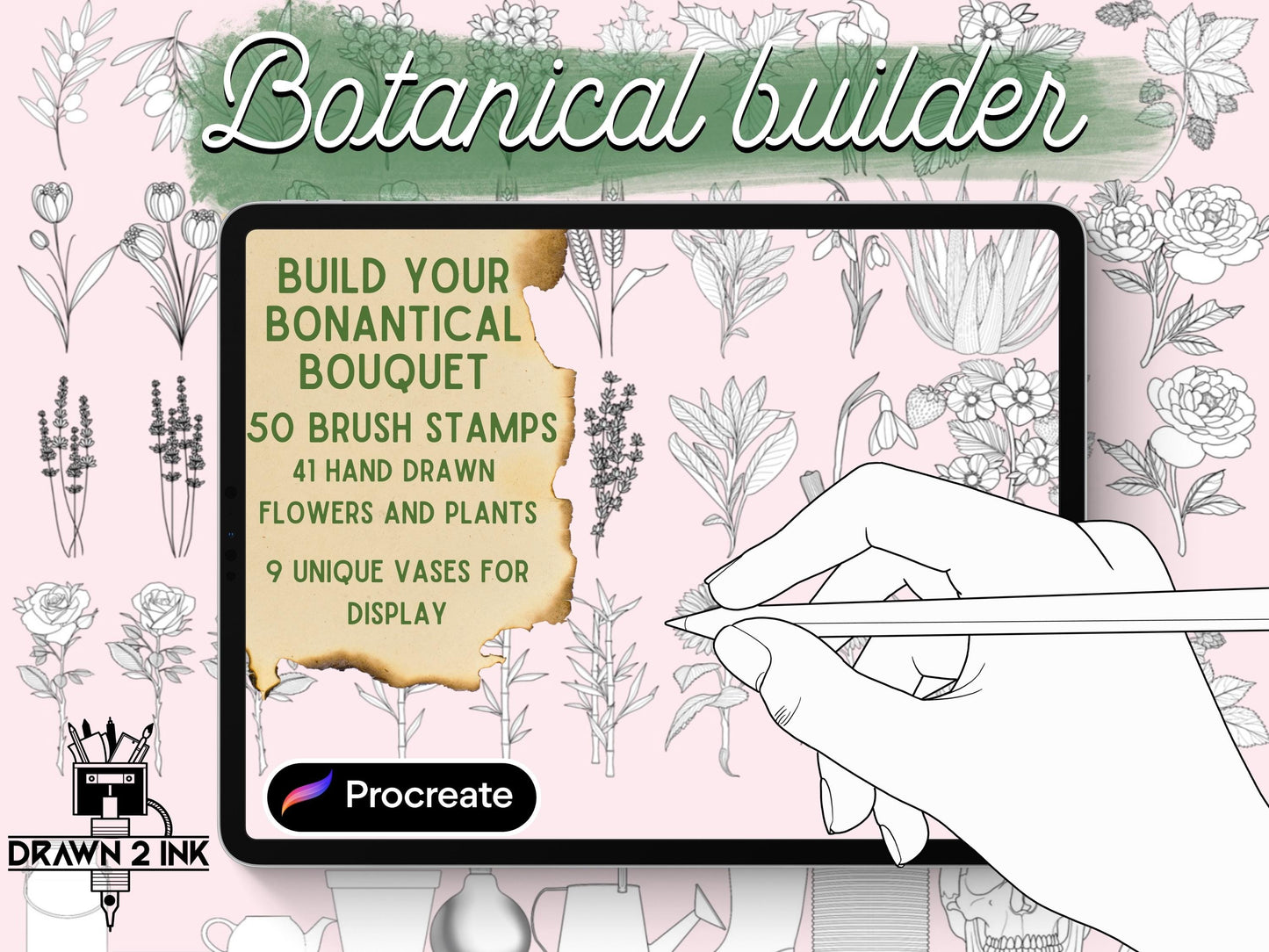 Botanical Builder Procreate Brush Set – 50 Floral Designs, flowers stamps, bouquet builder