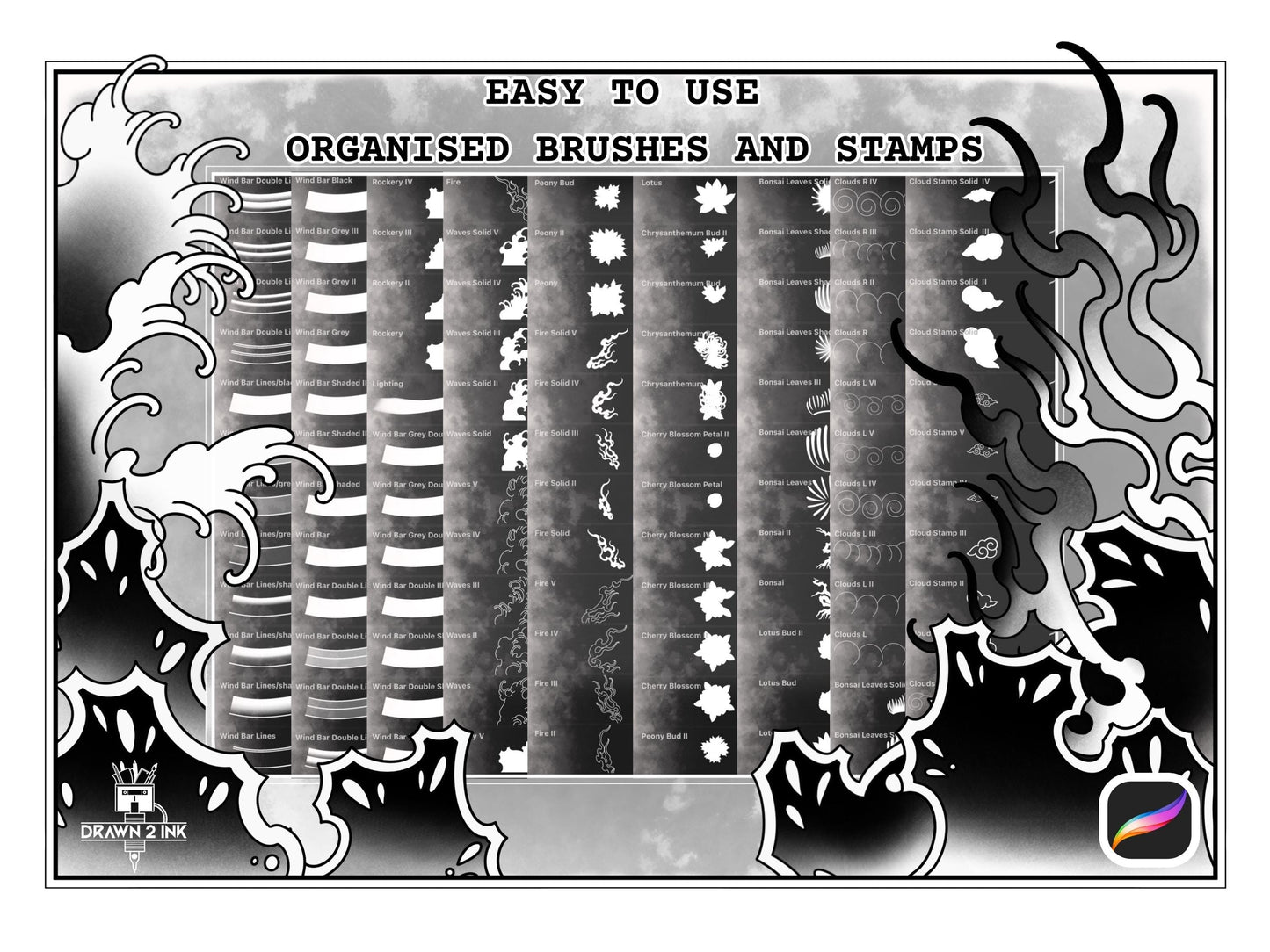 The ULTIMATE Japanese Elements Procreate Set - 110 Seamless and Flexible Japanese Inspired Tattoo Brushes & Stamps