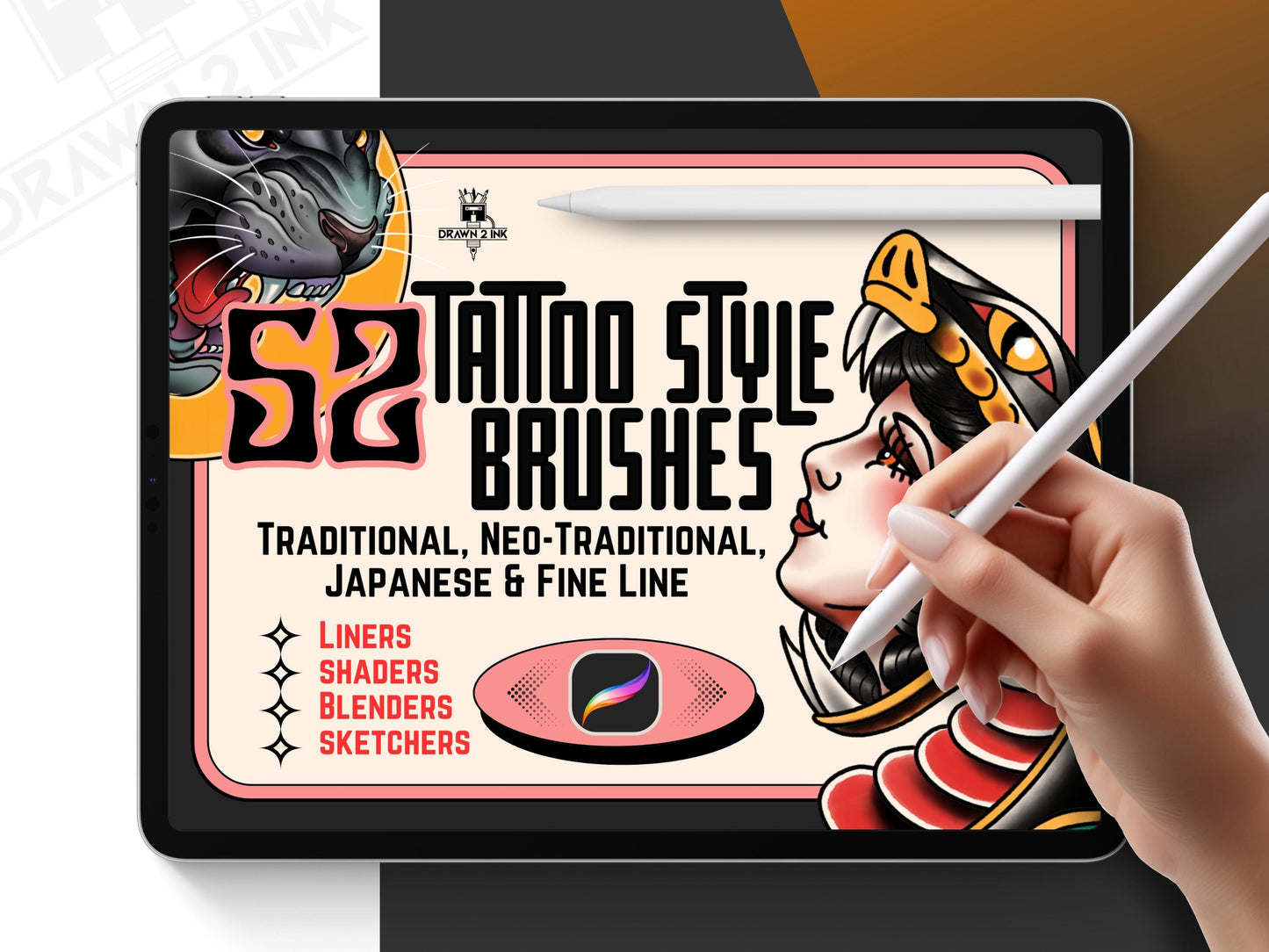 Tattoo Style Procreate Brushes: Liners, Shaders, Blenders (52 Brushes)