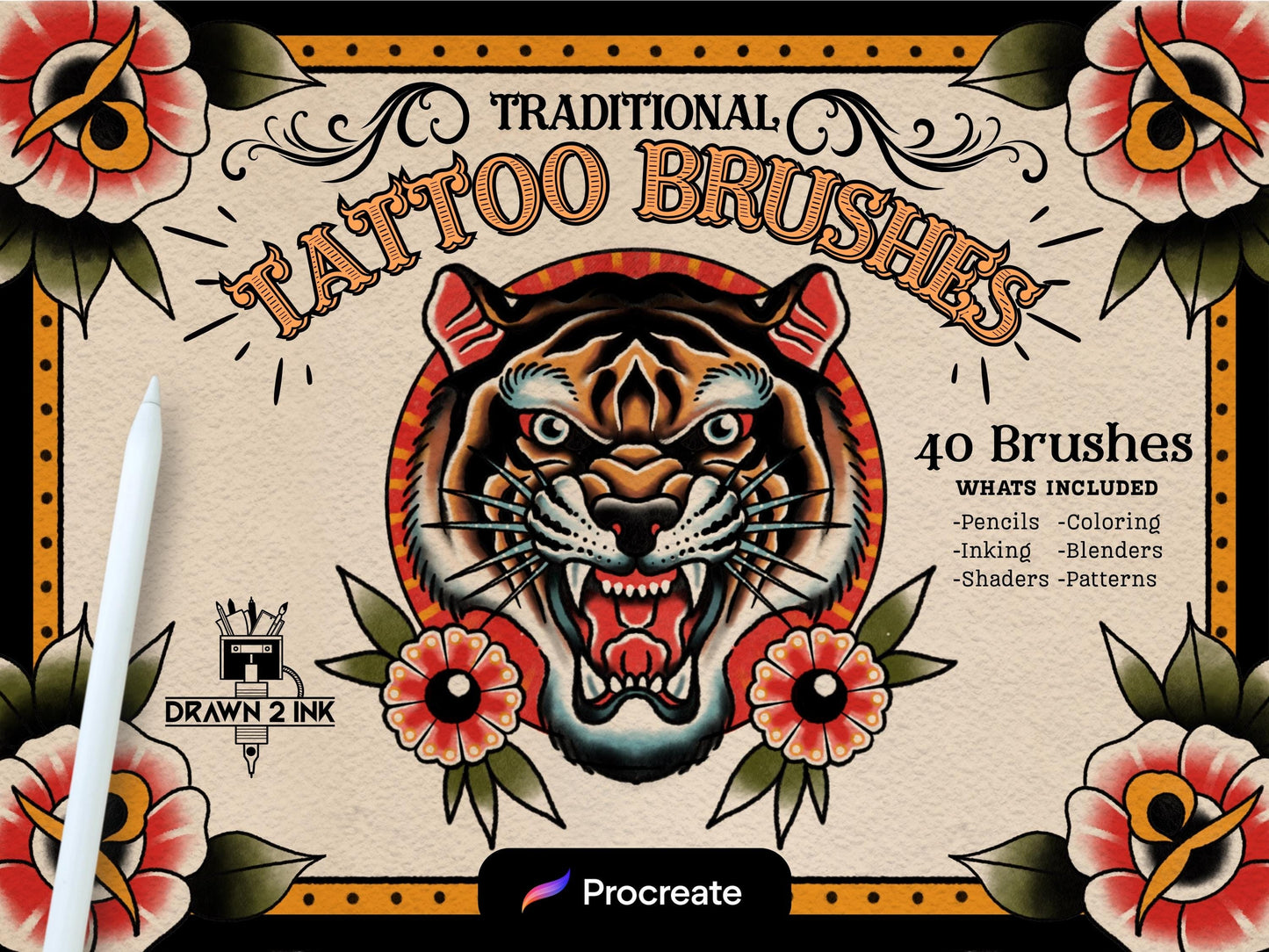 Traditional Tattoo Procreate Brush Set: 40 Flash Art Inkers, Shaders, Borders and Paper textures