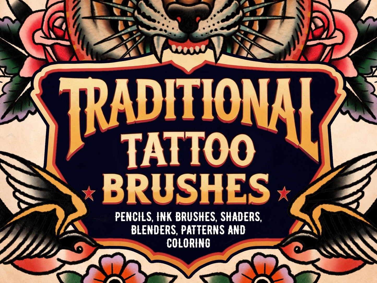 Traditional Tattoo Procreate Brush Set: 40 Flash Art Inkers, Shaders, Borders and Paper textures
