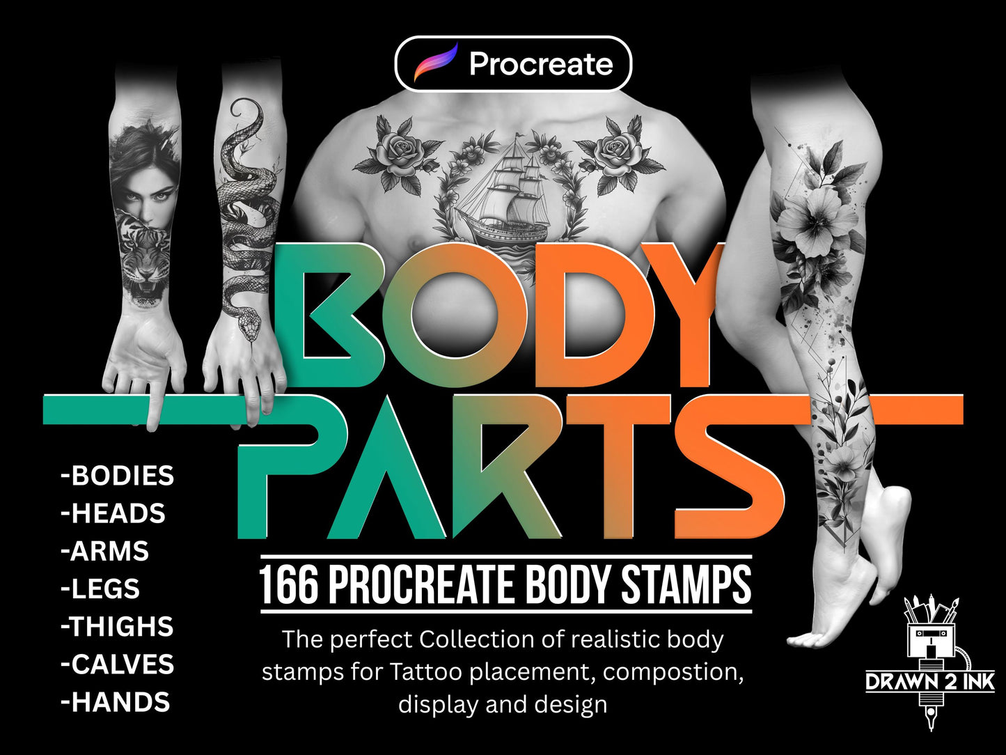 Procreate Body Stamps: Tattoo Placement & Design (166 Male/Female)