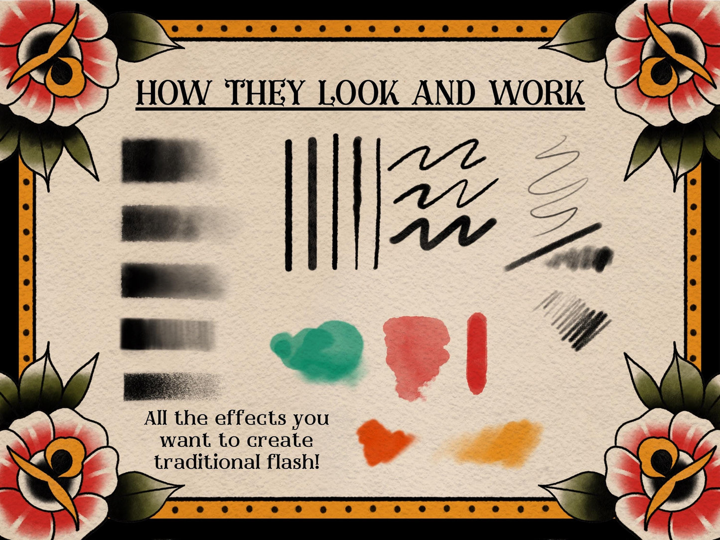 Traditional Tattoo Procreate Brush Set: 40 Flash Art Inkers, Shaders, Borders and Paper textures