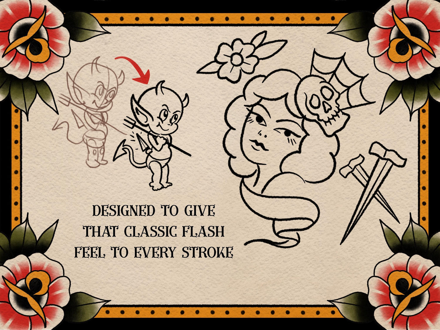 Traditional Tattoo Procreate Brush Set: 40 Flash Art Inkers, Shaders, Borders and Paper textures