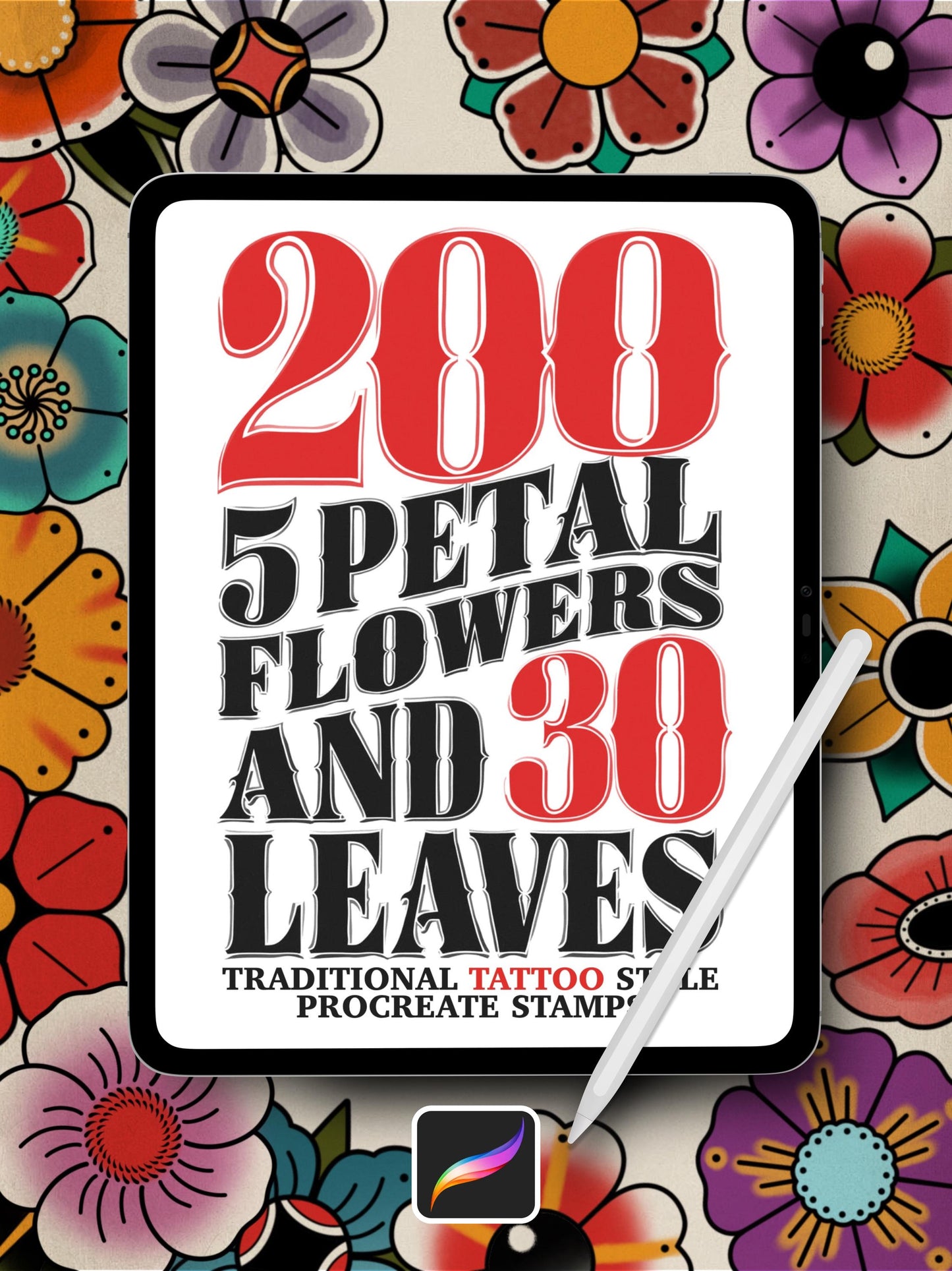 200 Traditional Tattoo Flower Procreate Stamps + 30 Leaves: Floral Brush Set (Digital Download)