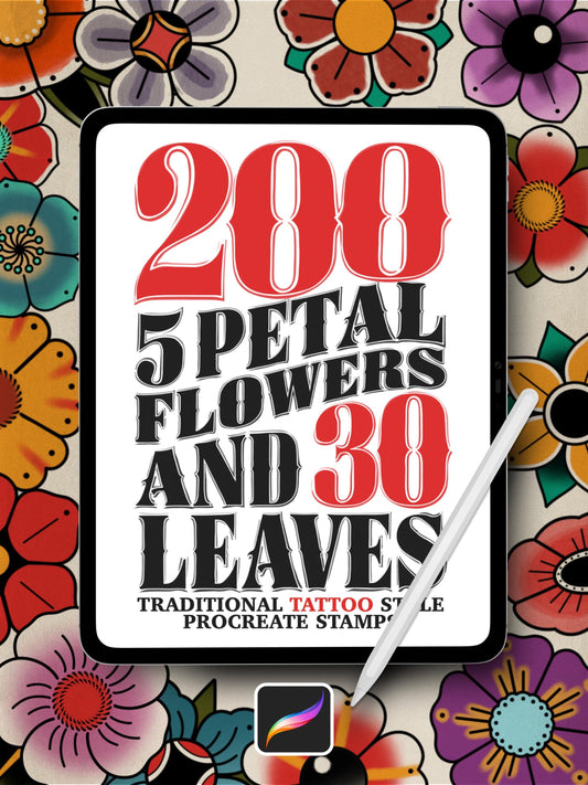 200 Traditional Tattoo Flower Procreate Stamps + 30 Leaves: Floral Brush Set (Digital Download)