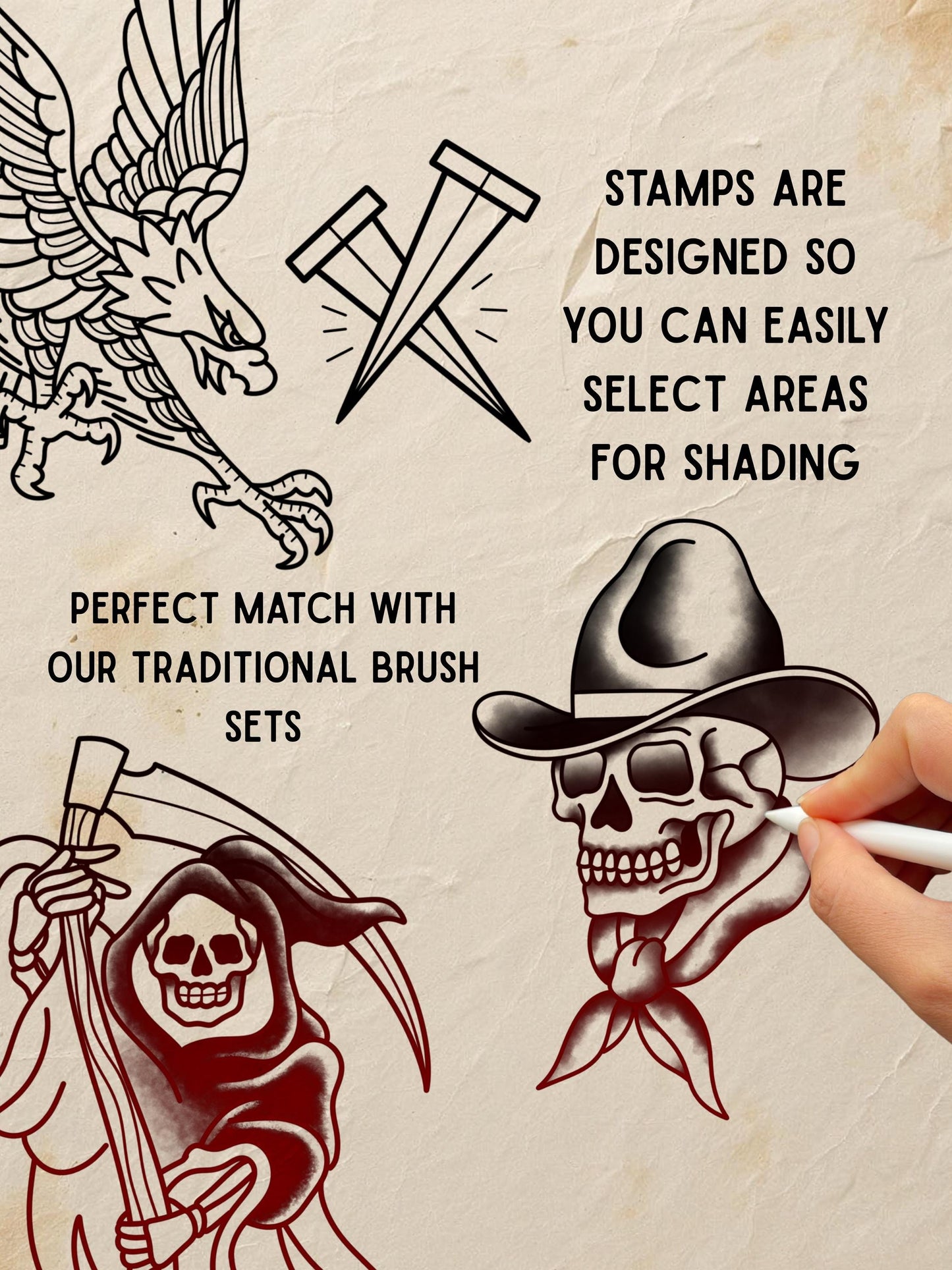50 American Traditional Tattoo Procreate Stamps: Flash Art Brushset (+Paper Textures)
