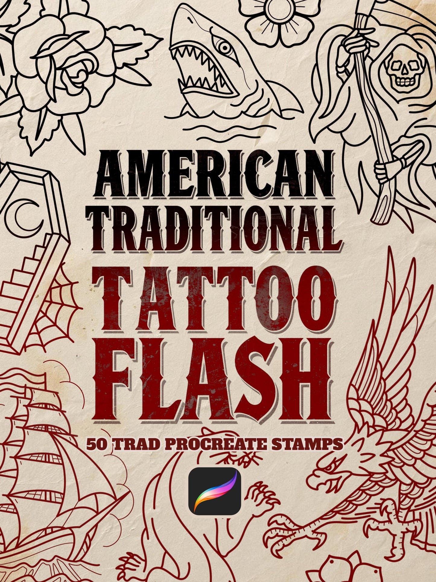 50 American Traditional Tattoo Procreate Stamps: Flash Art Brushset (+Paper Textures)