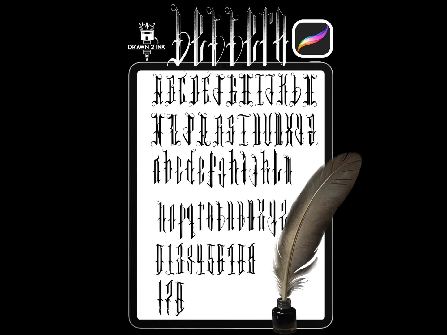 Gothic Calligraphy Font, Tattoo style + Procreate Stamp Brush Set
