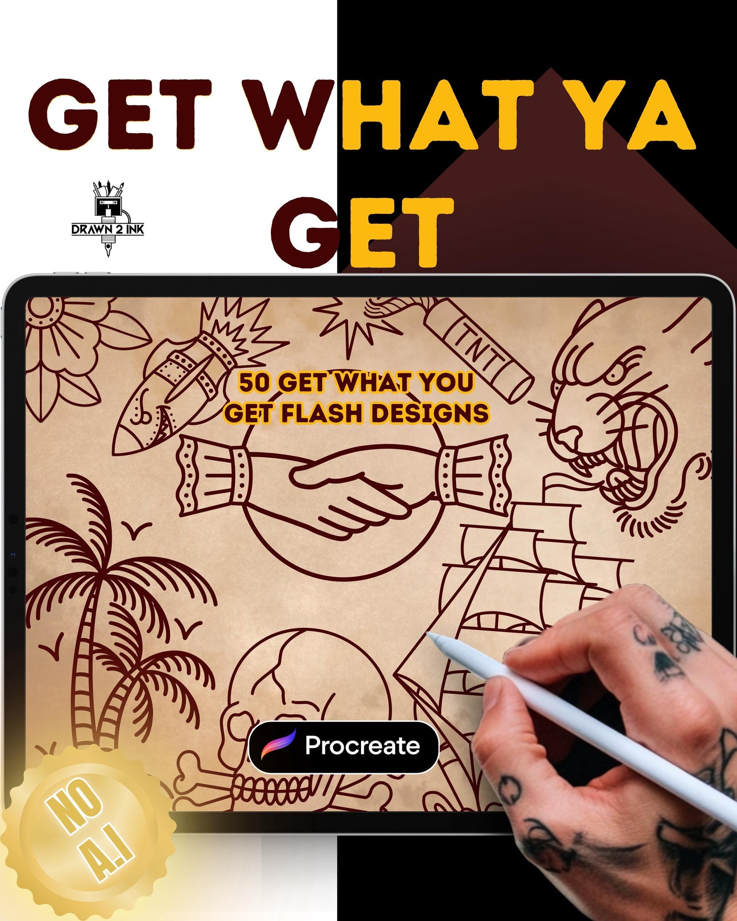 Traditional Get What Ya Get: 50 Small Linework Flash Designs Procreate Set
