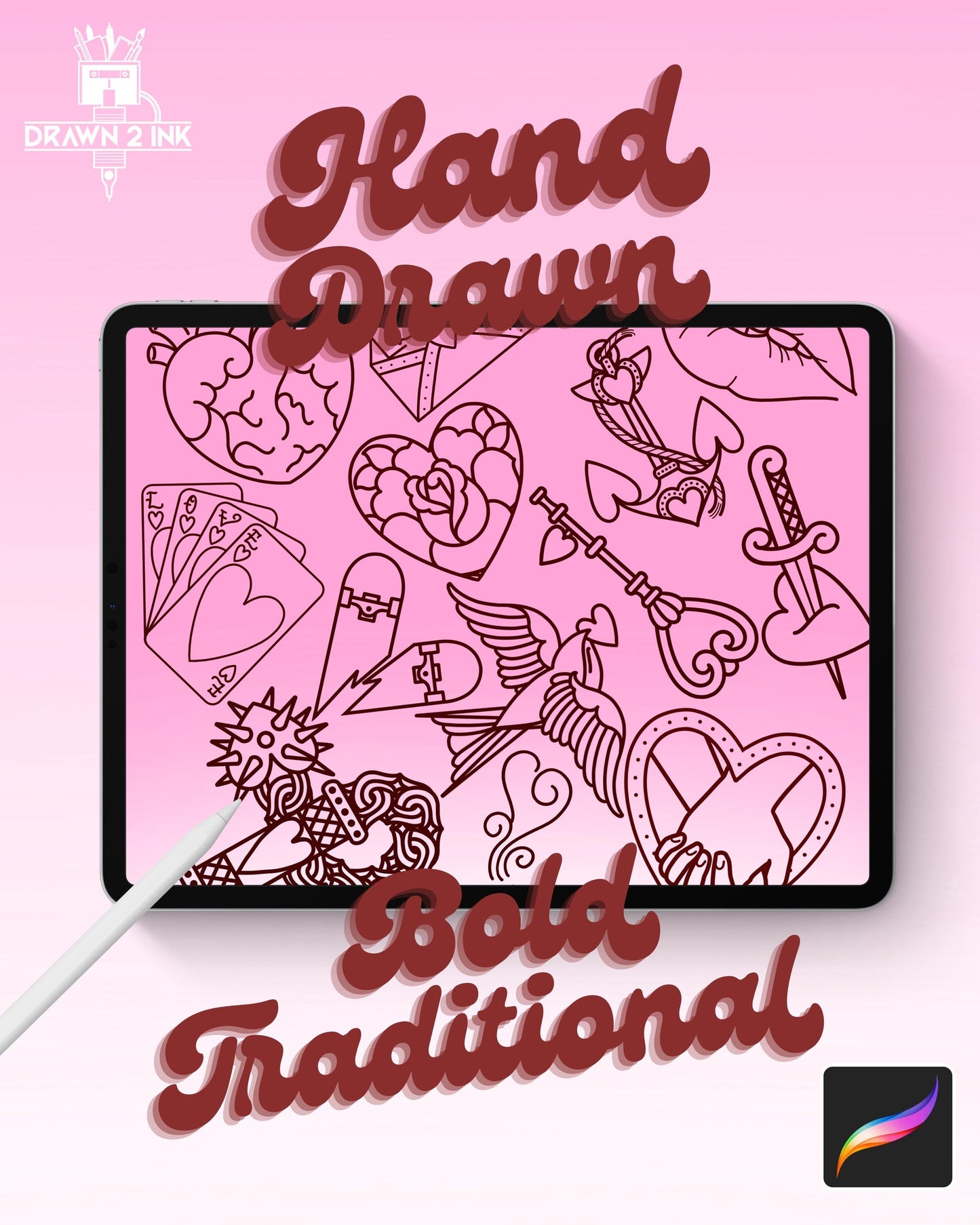 Valentine's Day Procreate Stamps | 50 Line Art Brushes (Digital Download)