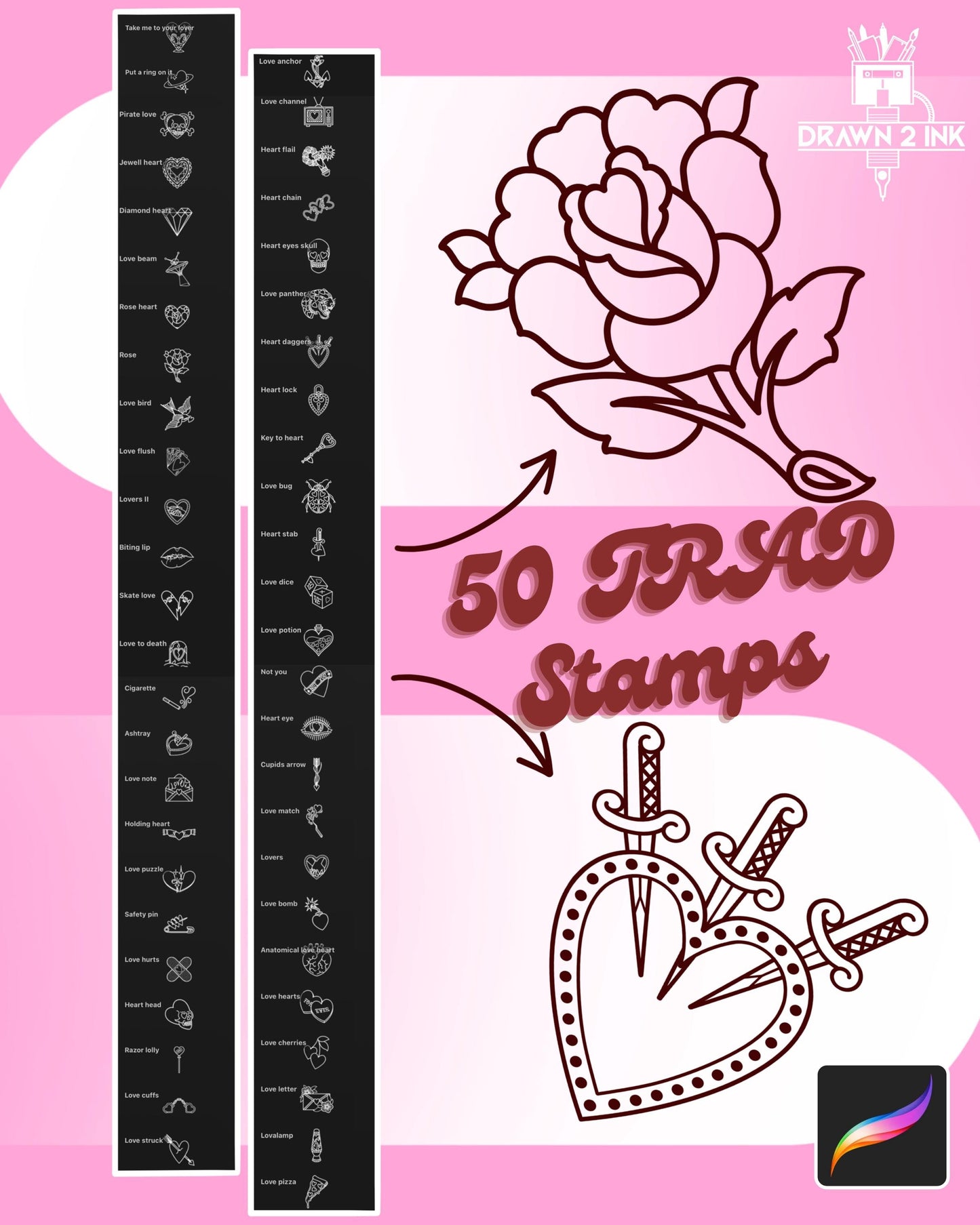 Valentine's Day Procreate Stamps | 50 Line Art Brushes (Digital Download)